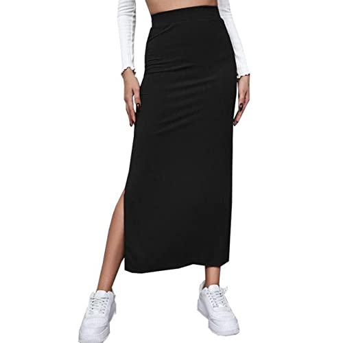 Damen Hohe Taille Hüfte Bodycon Langer Rock Schlitz Slim Fit Lässig Reine Farbe Rock für Shopping Holiday Party Hochzeit(L-Schwarz) von Cocoarm