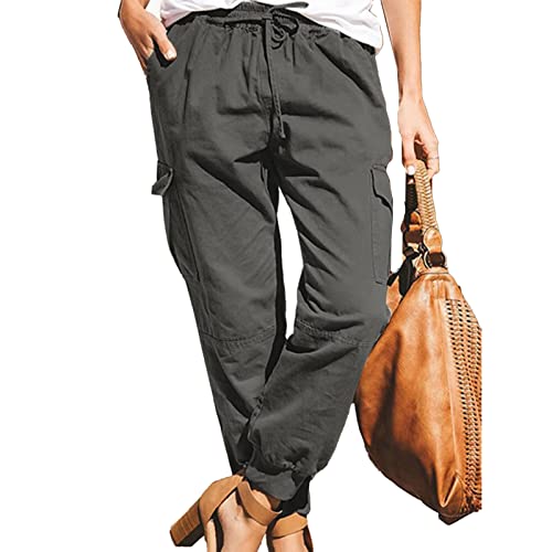 Damen Hosen Cargo Hose Multi Taschen Cargohose Elastische Taille Elegant Einfarbig Freizeithosen Loose Fit Yogahose Jogginghose Sporthose Workwear Wanderhose Outdoorhose Trekkinghose mit(L-Grau) von Cocoarm