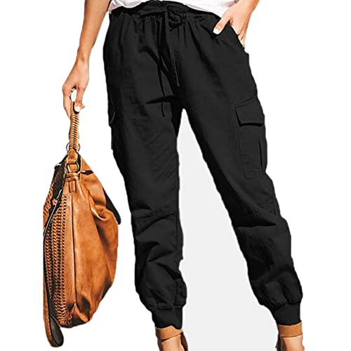 Damen Hosen Cargo Hose Multi Taschen Cargohose Elastische Taille Elegant Einfarbig Freizeithosen Loose Fit Yogahose Jogginghose Sporthose Workwear Wanderhose Outdoorhose Trekkinghose mit(L-Schwarz) von Cocoarm