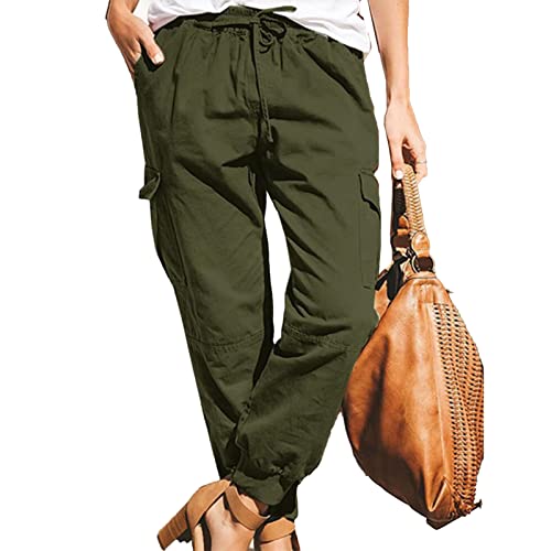 Damen Hosen Cargo Hose Multi Taschen Cargohose Elastische Taille Elegant Einfarbig Freizeithosen Loose Fit Yogahose Jogginghose Sporthose Workwear Wanderhose Outdoorhose Trekkinghose mit(XL-OD-Grün) von Cocoarm