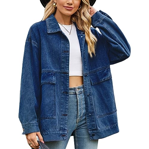 Damen-Jacke mit Knöpfen, Lockere Passform, Lange Ärmel, Taschen, Jeansjacke, übergroße, Mittellange Jeansjacke (S) von Cocoarm