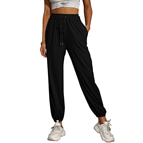 Damen Jogginghose Sporthose Frauen Loose Fit Elastischer Bund Freizeithosen Lang Sport Hohe Taille Sweathose mit Taschen Trainingshose Casual Sweatpants(L-Schwarz) von Cocoarm