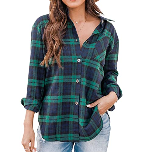 Damen Karierte Bluse Langarm Revers Knopfverschluss Hemd Casual Oberteil Lässig Shirt Tops Freizeithemd Hemdbluse(S-Typ3) von Cocoarm