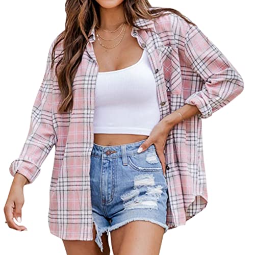 Damen Karierte Bluse Langarm Revers Knopfverschluss Hemd Casual Oberteil Lässig Shirt Tops mit Tasche Freizeithemd Hemdbluse Streetwear(S-Rosa) von Cocoarm