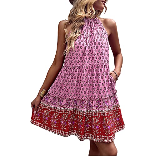 Damen Kleider Sommer Böhmen Blumendruck kurzes Kleider Swing Strandkleider Rückenfreies ärmellos hohe Taille Neckholder Kleid Minikleid Sommerkleider Freizeitkleid für Alltag Freizeit(L-Rosa) von Cocoarm