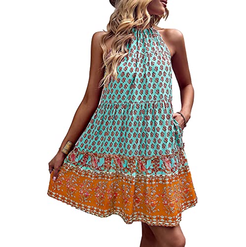 Damen Kleider Sommer Böhmen Blumendruck kurzes Kleider Swing Strandkleider Rückenfreies ärmellos hohe Taille Neckholder Kleid Minikleid Sommerkleider Freizeitkleid für Alltag Freizeit(S-Grün) von Cocoarm