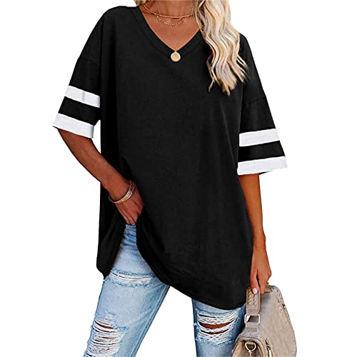 Damen Kurzarm Halbarm T-Shirt Sommer Sexy Shirt Sommerbluse Longshirt mit V-Ausschnitt Loose Fashionable Striped Hundred Short Sleeve Oberteil (M) von Cocoarm