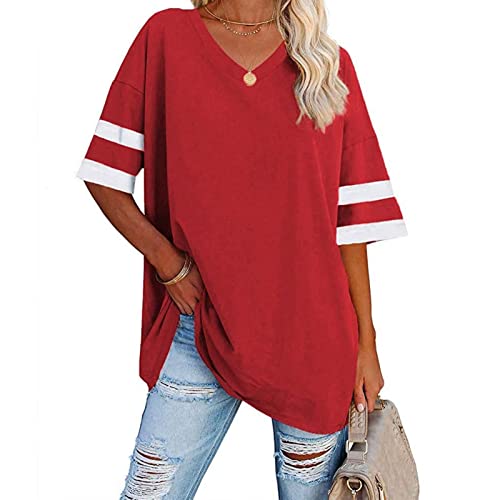 Damen Kurzarm Halbarm T-Shirt Sommer Sexy Shirt Sommerbluse Longshirt mit V-Ausschnitt Loose Fashionable Striped Hundred Short Sleeve Oberteil (XXL) von Cocoarm