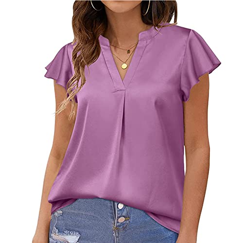 Damen Kurzarm Top Damen V-Ausschnitt Rüschen Ärmel Vorne Plissee Design Einfarbig Regular Fit T-Shirt Damen T-Shirt (XXL) von Cocoarm