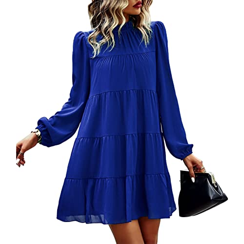 Damen Kurzes Kleid Rundhals Stehkragen Langarm Kleid Laterne Freizeitkleid Partykleid Rüschen Saum Lässige Lose Kleider Cocktailkleid Minikleid(M-Blau) von Cocoarm