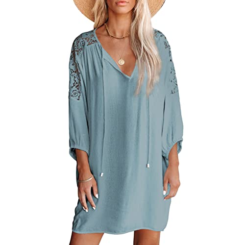 Damen Lässig Lockere Spitze Kurzes Kleid V-Ausschnitt Dreiviertel Ärmel Freizeitkleid Minikleid Sommerkleid Einfarbig Strandkleider mit Geschnürter Ausschnitt(S-Blau) von Cocoarm