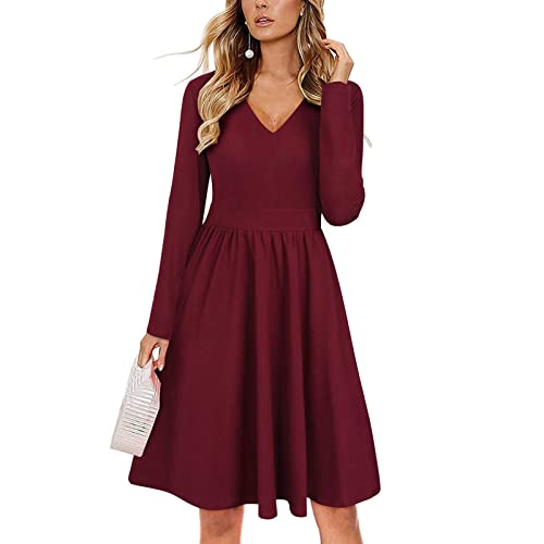 Damen Langarmkleid hoher Taille Herbstkleider V Ausschnitt Freizeitkleid Midikleid Langarm Knielang Kleider Reiner Farbe A Linien Kleid für Winter(XL-Weinrot) von Cocoarm