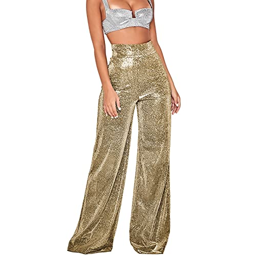 Damen Lange Hosen Damen Glitter Shinny Loose Fit Hosen mit Hoher Dehnbarer Taille Damen Causal Silver Pressed Pants (XL) von Cocoarm