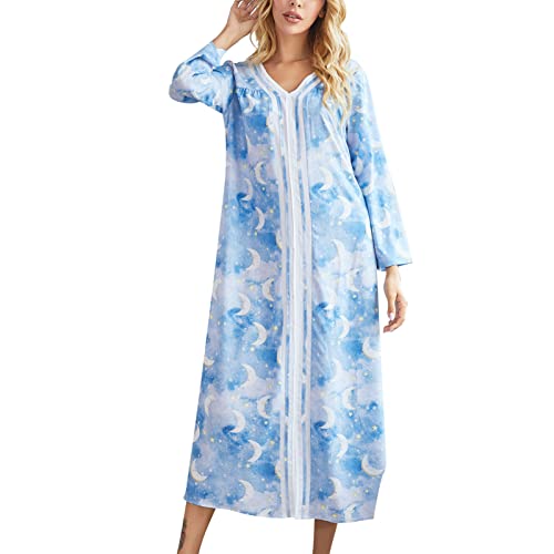 Damen Langes Schlafkleid V Ausschnitt Langarm Nachthemd Bedruckt Schlafanzug Loungewear Weiches Nachtwäsche Sleepwear(XL-Typ 2) von Cocoarm