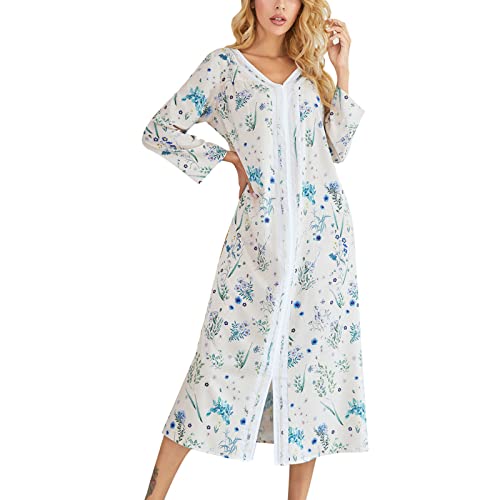 Damen Langes Schlafkleid V Ausschnitt Langarm Nachthemd Bedruckt Schlafanzug Loungewear Weiches Nachtwäsche Sleepwear(XXL-Typ 1) von Cocoarm