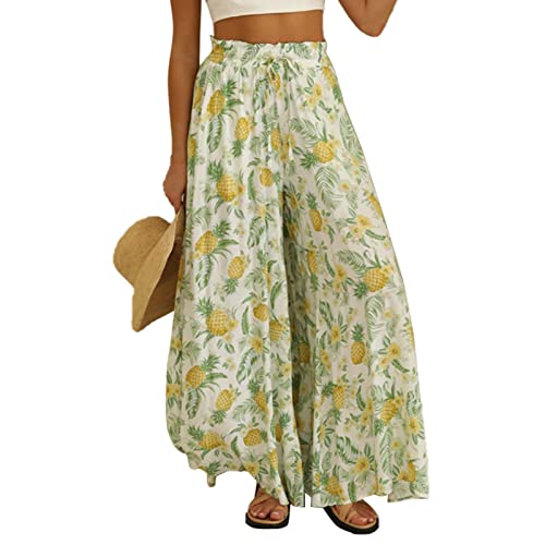 Damen Leinenhose Damen Weite Bein Sommer Hose Ruffle Floral Prints mit Hohe Taille Elastische Kordel Sommer Hawaii Freizeithose Loose Stoffhose Lange Yogahose Boho Strandhose (2XL) von Cocoarm