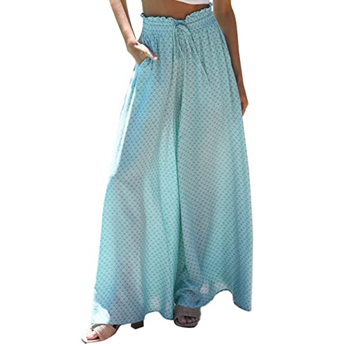 Damen Leinenhose Damen Weite Bein Sommer Hose Ruffle Floral Prints mit Hohe Taille Elastische Kordel Sommer Hawaii Freizeithose Loose Stoffhose Lange Yogahose Boho Strandhose (2XL) von Cocoarm