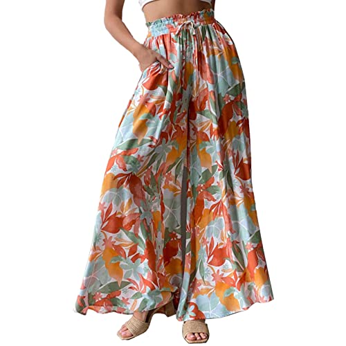 Damen Leinenhose Damen Weite Bein Sommer Hose Ruffle Floral Prints mit Hohe Taille Elastische Kordel Sommer Hawaii Freizeithose Loose Stoffhose Lange Yogahose Boho Strandhose (L) von Cocoarm