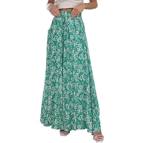 Damen Leinenhose Damen Weite Bein Sommer Hose Ruffle Floral Prints mit Hohe Taille Elastische Kordel Sommer Hawaii Freizeithose Loose Stoffhose Lange Yogahose Boho Strandhose (L) von Cocoarm