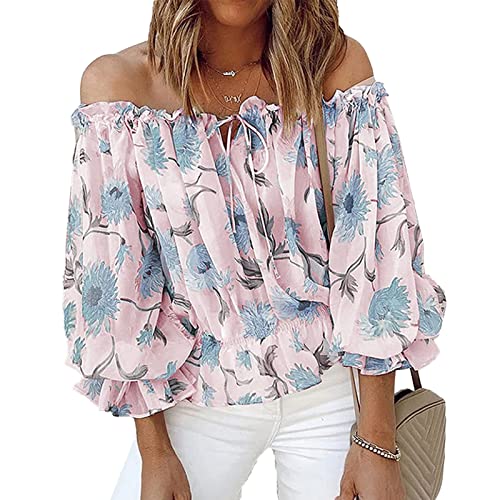 Damen Off Shoulder Bluse Schulterfrei Tops Blumen Muster Oberteile Puffärmel Casual Lose Tunika Rüschenhülse V-Ausschnitt 3/4 Trompetenärmel Casualshirt Sommertop T-Shirt(L-Rosa) von Cocoarm