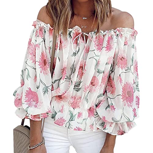 Damen Off Shoulder Bluse Schulterfrei Tops Blumen Muster Oberteile Puffärmel Casual Lose Tunika Rüschenhülse V-Ausschnitt 3/4 Trompetenärmel Casualshirt Sommertop T-Shirt(S-Weiß) von Cocoarm