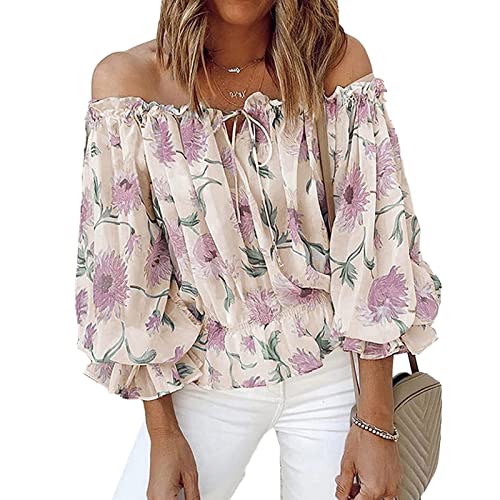 Damen Off Shoulder Bluse Schulterfrei Tops Blumen Muster Oberteile Puffärmel Casual Lose Tunika Rüschenhülse V-Ausschnitt 3/4 Trompetenärmel Casualshirt Sommertop T-Shirt(XXL-Aprikose) von Cocoarm