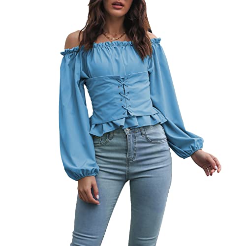 Damen Renaissance Bluse Steampunk Victorian Shirt Langarm Schulterfrei Tops mit Puffärmel Casualshirt Oberteil(L-Blau) von Cocoarm