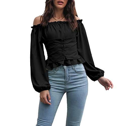 Damen Renaissance Bluse Steampunk Victorian Shirt Langarm Schulterfrei Tops mit Puffärmel Casualshirt Oberteil(L-Schwarz) von Cocoarm