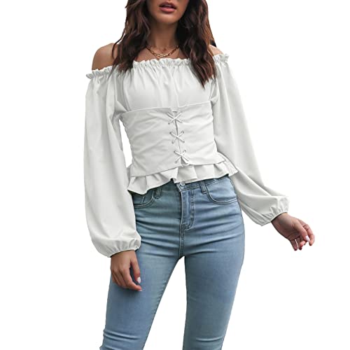 Damen Renaissance Bluse Steampunk Victorian Shirt Langarm Schulterfrei Tops mit Puffärmel Casualshirt Oberteil(S-Weiß) von Cocoarm