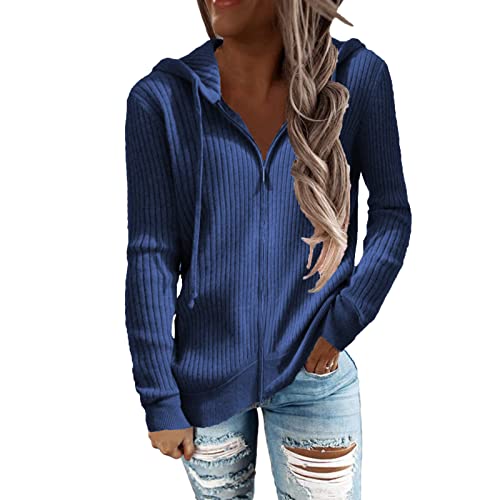 Damen Rippstrick Jacke Mantel Langarm Hoodies Pullover mit Reißverschluss und Kordelzug Lässige Lockere Strickjacke Outwear Casual Oberteile Herbst Winter(L-Blau) von Cocoarm