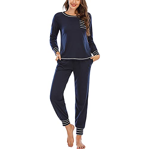 Damen Schlafanzüge Pyjama Set Langarm Nachtwäsche Hausanzug Rund Ausschnitt Zweiteiliger Sleepwear Frauen Schlafanzug Loungewear Freizeitanzug(L-Navy blau) von Cocoarm