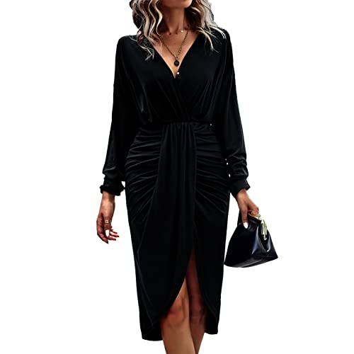 Damen Sexy Bodycon Kleid V-Ausschnitt Langarm Kleid Geraffte Taille Freizeitkleid Partykleid Hüfte Wrap Saum Cocktailkleid Abendkleid Casual Slim Fit Kleider(S-Schwarz) von Cocoarm