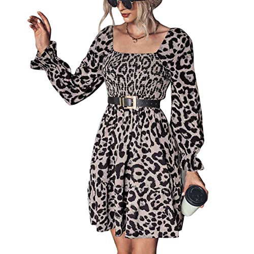 Damen Sexy Kurzes Kleid eckiger Kragen Langarm Freizeitkleid Hohe Taille Rückenfrei Partykleid Cocktailkleid Elegant Tunikakleid mit Leopardenmuster Kein Gürtel(L-Grau) von Cocoarm