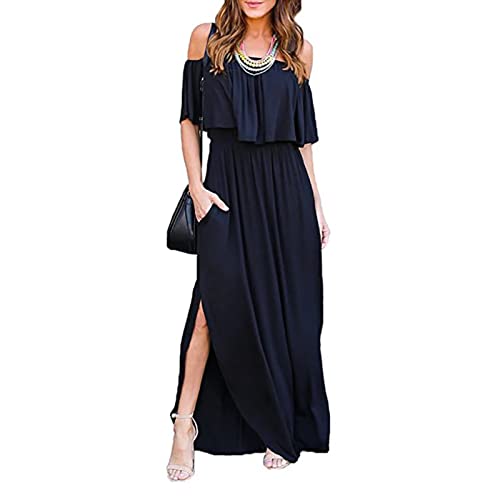 Damen Sexy Langes Kleid Off Shoulder Hohe Taille Maxikleid Abendkleid Bandeaukleid Schulterfreies Kleider Partykleid Cocktailkleid mit Volant Ausschnitt und Seitenschlitz(XXL-Schwarz) von Cocoarm