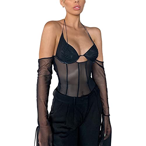 Damen Sexy Mesh Top Durchsichtig Oberteil Rückenfrei Shirt Schulterfrei Patchwork Langarm Bluse(L-Schwarz) von Cocoarm