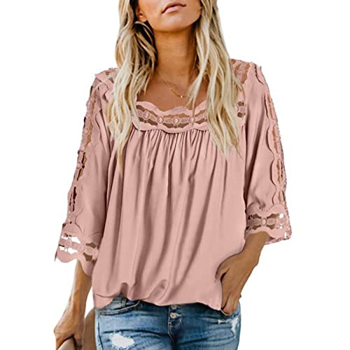 Damen Sommer Casual Bluse Elegant Oberteile Häkel Spitzen T-Shirt Casual Loose Elegant Top Sommerbluse eckiger Hals 3/4 ärmel ausgehöhltem Design für Alltag Freizeit Büro Strand Reisen (2XL-Rosa) von Cocoarm