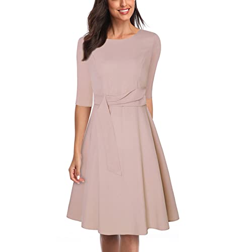 Damen Sommer Freizeitkleid Elegant Rundhalsausschnitt Sommerkleid Halbe Ärmel Hohe Taille Midikleid Lässig Locker A Linien Kleid mit Rüschensaum(L-Aprikose) von Cocoarm