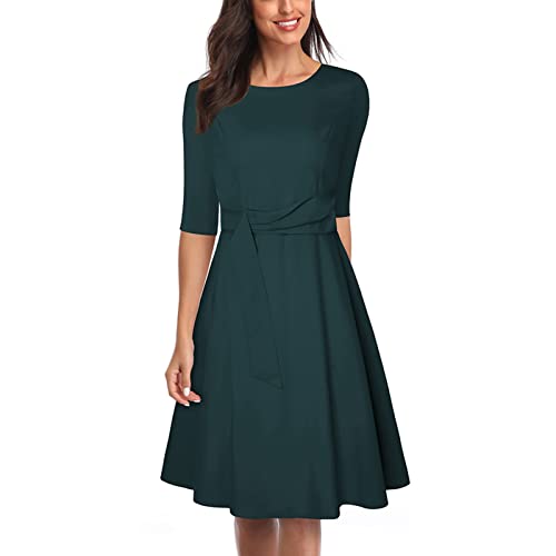 Damen Sommer Freizeitkleid Elegant Rundhalsausschnitt Sommerkleid Halbe Ärmel Hohe Taille Midikleid Lässig Locker A Linien Kleid mit Rüschensaum(L-Grün) von Cocoarm