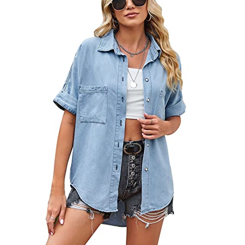 Damen Sommerjacke Jeansjacke mit Abgerundetem Saum Umlegekragen Kurzarmjacke Einreiher Knopfverschluss Freizeitjacke Atmungsaktiver Lockerer Jeansmantel mit Brusttaschen (M) von Cocoarm