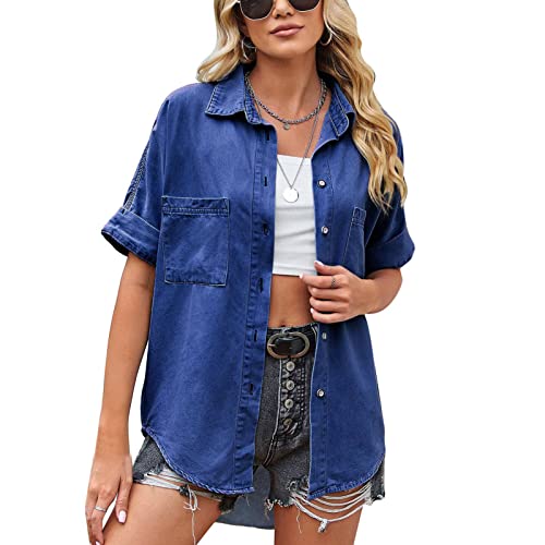 Damen Sommerjacke Jeansjacke mit Abgerundetem Saum Umlegekragen Kurzarmjacke Einreiher Knopfverschluss Freizeitjacke Atmungsaktiver Lockerer Jeansmantel mit Brusttaschen (XL) von Cocoarm