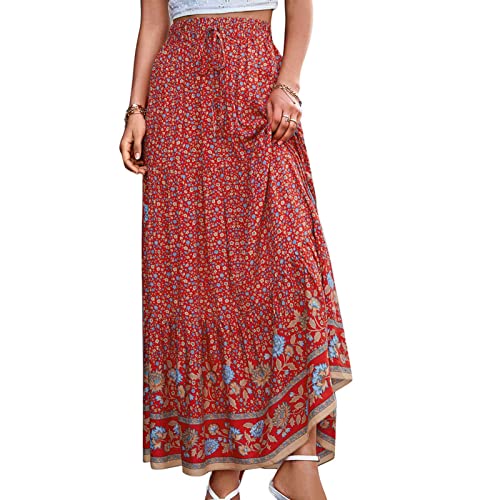 Damen Sommerrock mit Hoher Taille Boho Blumendruck Elastischer Taillenschaukel Lässig Fließender Swing Maxi Langrock Sonnenkleid(L-Rot) von Cocoarm