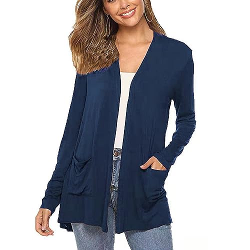 Damen-Strickjacke Pure Color Open Front Cardigan Long Sleeve Cardigan Top Lightweight Casual Cardigan Outwear Mid Length Loose Open Front Top für Frühling und (XXL-Navy blau) von Cocoarm