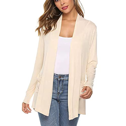 Damen-Strickjacke Pure Color Open Front Cardigan Long Sleeve Cardigan Top Lightweight Casual Cardigan Outwear Mid Length Loose Open Front Top für Frühling und Herbst(L-Beige) von Cocoarm