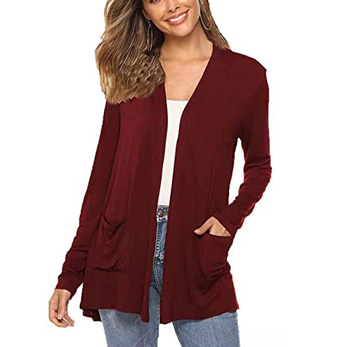 Damen-Strickjacke Pure Color Open Front Cardigan Long Sleeve Cardigan Top Lightweight Casual Cardigan Outwear Mid Length Loose Open Front Top für Frühling und Herbst(L-Burgund) von Cocoarm