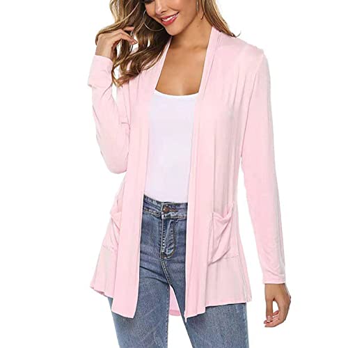 Damen-Strickjacke Pure Color Open Front Cardigan Long Sleeve Cardigan Top Lightweight Casual Cardigan Outwear Mid Length Loose Open Front Top für Frühling und Herbst(M-Rosa) von Cocoarm