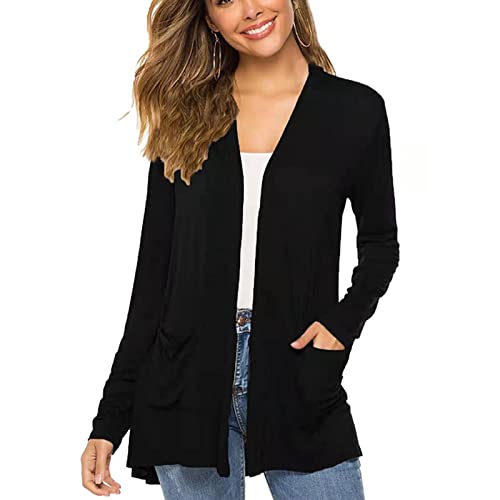 Damen-Strickjacke Pure Color Open Front Cardigan Long Sleeve Cardigan Top Lightweight Casual Cardigan Outwear Mid Length Loose Open Front Top für Frühling und Herbst(M-Schwarz) von Cocoarm