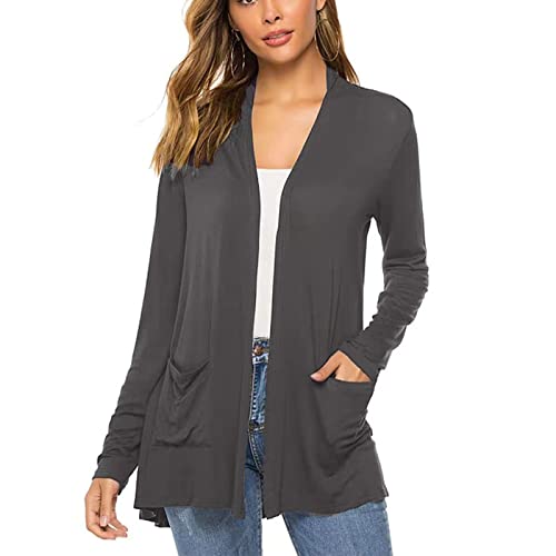 Damen-Strickjacke Pure Color Open Front Cardigan Long Sleeve Cardigan Top Lightweight Casual Cardigan Outwear Mid Length Loose Open Front Top für Frühling und (S-Grau) von Cocoarm