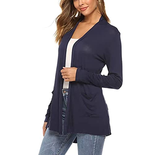 Damen-Strickjacke Pure Color Open Front Cardigan Long Sleeve Cardigan Top Lightweight Casual Cardigan Outwear Mid Length Loose Open Front Top für Frühling und Herbst(S-Navy blau) von Cocoarm