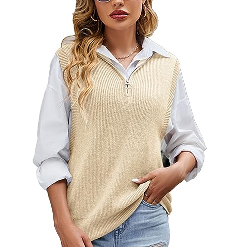 Damen-Strickweste, Tank-Top, ärmelloser Pullover, Reißverschluss, Pullover, Elegant, Locker, Lässig, Einfarbig, Strickweste (M) von Cocoarm