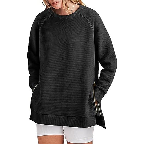 Damen-Sweatshirt mit Rundhalsausschnitt und Seitlichem Schlitz. Stilvolles, Lockeres Langarm-Pullover-Sweatshirt mit Seitlichem Reißverschluss (XL) von Cocoarm